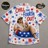 White button-down shirt with Chill The Fourth Out text, featuring a man in a tube, stars, fireworks, and palm trees.!