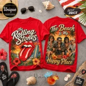 Red cotton T-shirts featuring The Rolling Stones tongue logo, surfboards, palm trees, and band members on a beach setting.!