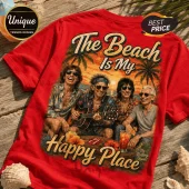 Red graphic t-shirt featuring The Rolling Stones members on a beach with text The Beach Is My Happy Place.!