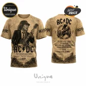 AC/DC band t-shirt with Angus Young graphic on front and cannon logo with song lyrics on back in sepia-toned print.!