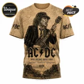 AC/DC Angus Young graphic t-shirt in sepia tones featuring guitar artwork, text logos, and song titles on a textured field.!