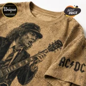 AC/DC Angus Young graphic t-shirt in tan with a distressed cracked pattern and black ink printed artwork.!