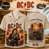 AC/DC button-down shirt featuring Angus Young, electric guitars, and beach sunset motifs on a beige patterned fabric.!