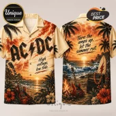 AC/DC button-down shirt with beige sunset beach print, palm trees, electric guitar, and lightning bolt graphics.!