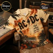 AC/DC button-down shirt with lightning, palm trees, electric guitar, and beach sunset print on cream fabric.!