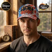 AC/DC baseball cap with American flag print, band member portrait, and text reading America 250 1776-2026.!