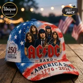 AC/DC band baseball cap with American flag print, 250 years of freedom text, and 1776-2026 commemorative dates.!