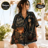 Alice Cooper graphic print button-down shirt featuring ornate scrollwork, tropical sunset, and electric guitar imagery.!