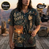 Alice Cooper button-down shirt with vintage floral patterns, skull graphics, and song lyrics in dark blue and gold tones.!