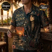 Alice Cooper graphic short-sleeve button-down shirt with floral patterns, electric guitar, and song lyrics on dark fabric.!