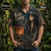 Short-sleeve button-up shirt featuring Alice Cooper, guitar, skull graphics, and text on a dark ornamental floral background.!