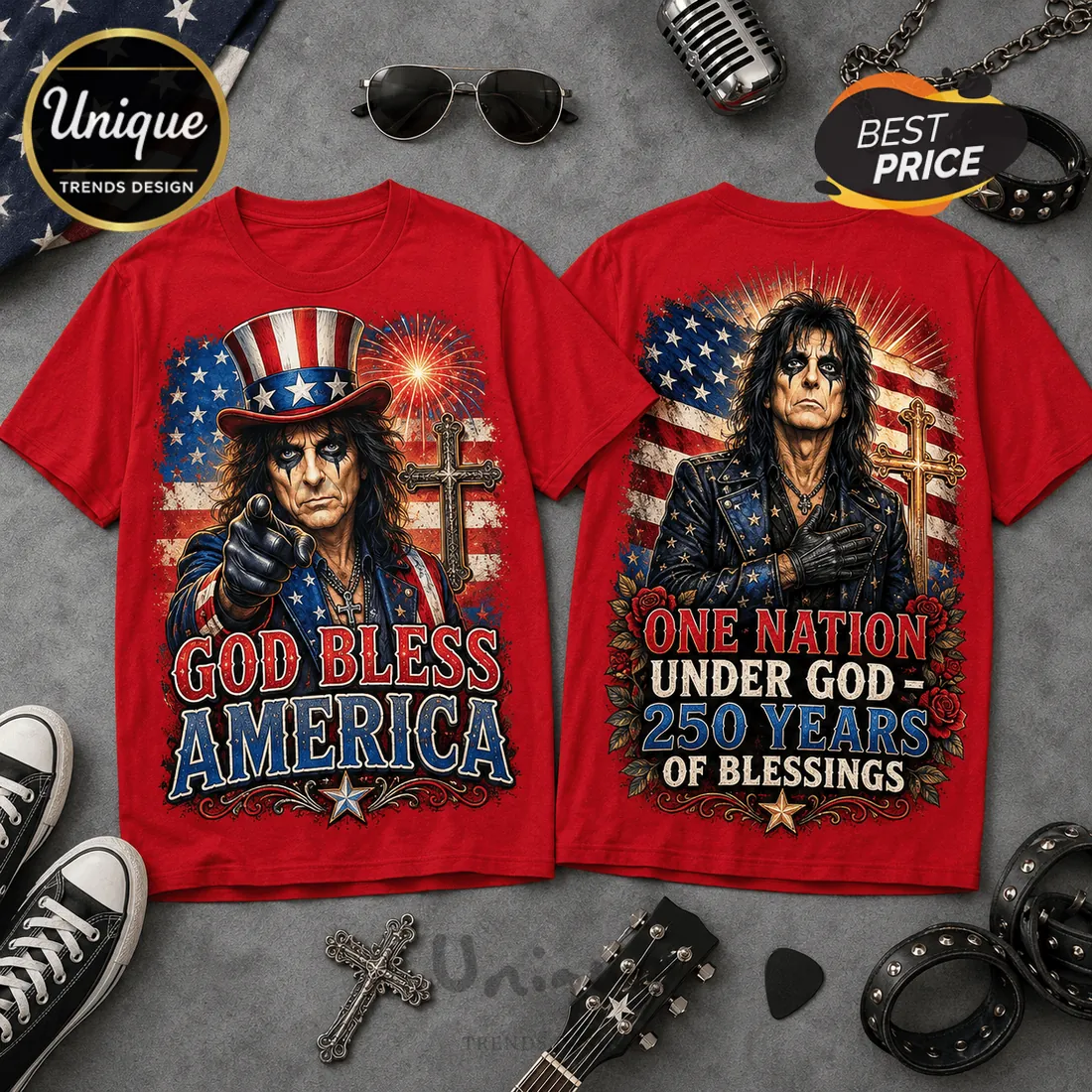 Alice Cooper Patriotic 250 Years Of Blessings Red T-Shirt Alice Cooper Patriotic 250 Years Of Blessings Red T-Shirt