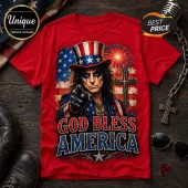 Red cotton t-shirt featuring Alice Cooper in an Uncle Sam hat against a US flag, cross, and fireworks with text God Bless America.!