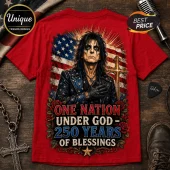 Red graphic t-shirt featuring Alice Cooper over a USA flag, a cross, red roses, and One Nation Under God text.!
