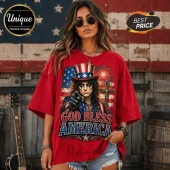 Woman wearing a red oversized t-shirt with Uncle Sam graphic, American flag background, cross, and God Bless America text.!