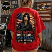 Red graphic t-shirt featuring Alice Cooper, American flag, golden cross, and text One Nation Under God 250 Years of Blessings.!