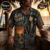 Alice Cooper graphic print button-up shirt featuring rock music icons, skull motifs, and tropical sunset scenery.!