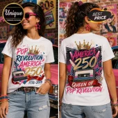 Woman wearing a white graphic t-shirt featuring 1980s retro aesthetics, a golden crown, cassette tape, and 250 text design.!