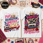 White t-shirts featuring graphics of a gold crown, cassette tape, and the text Pop Revolution America 250 1776-2026.!