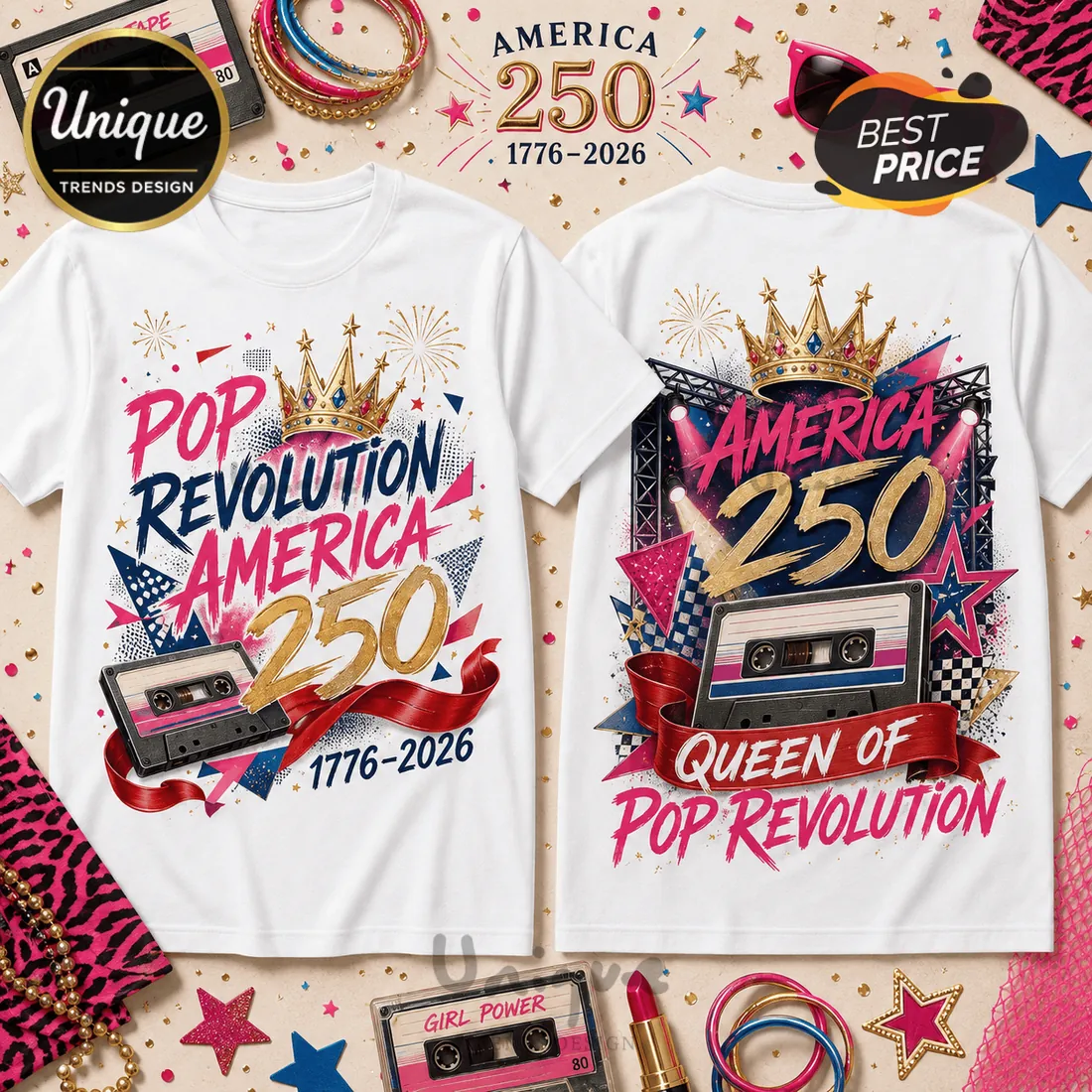 America 250 Queen of Pop Revolution 1776-2026 Cassette Tape T-Shirt America 250 Queen of Pop Revolution 1776-2026 Cassette Tape T-Shirt