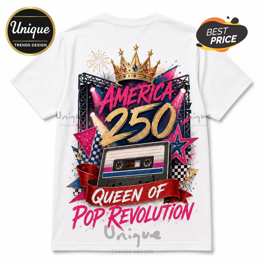 America 250 Queen of Pop Revolution 1776-2026 Cassette Tape T-Shirt America 250 Queen of Pop Revolution 1776-2026 Cassette Tape T-Shirt