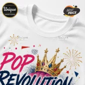 White cotton t-shirt featuring a gold crown graphic with colorful gemstones, firework icons, and Pop Revolution text.!