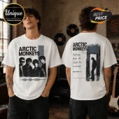 Arctic Monkeys graphic t-shirt featuring band members on front and lyric text with silhouette on back in white cotton.!