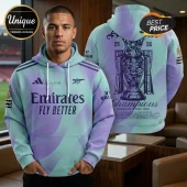 Arsenal FC 2025-2026 Champions hoodie in mint green and purple with Emirates Fly Better branding and trophy graphic back.!