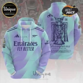 Arsenal FC 2025-2026 champions hoodie in mint and purple featuring Emirates Fly Better branding and team player names.!