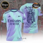 Arsenal FC 2025-2026 championship jersey in mint and lavender with Emirates branding and commemorative trophy back print.!