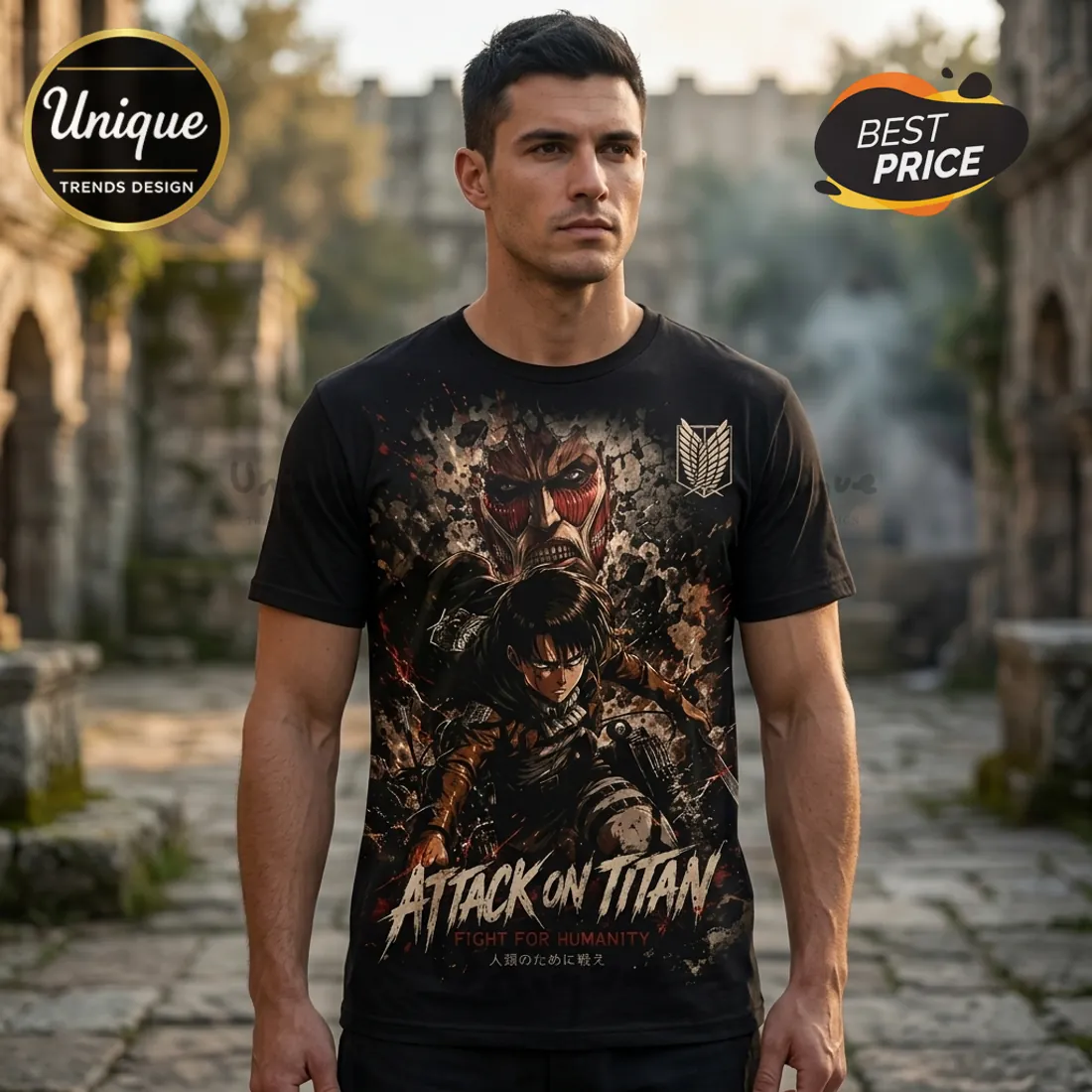 Attack on Titan Levi and Colossal Titan Anime Apparel T-shirt Attack on Titan Levi and Colossal Titan Anime Apparel T-shirt