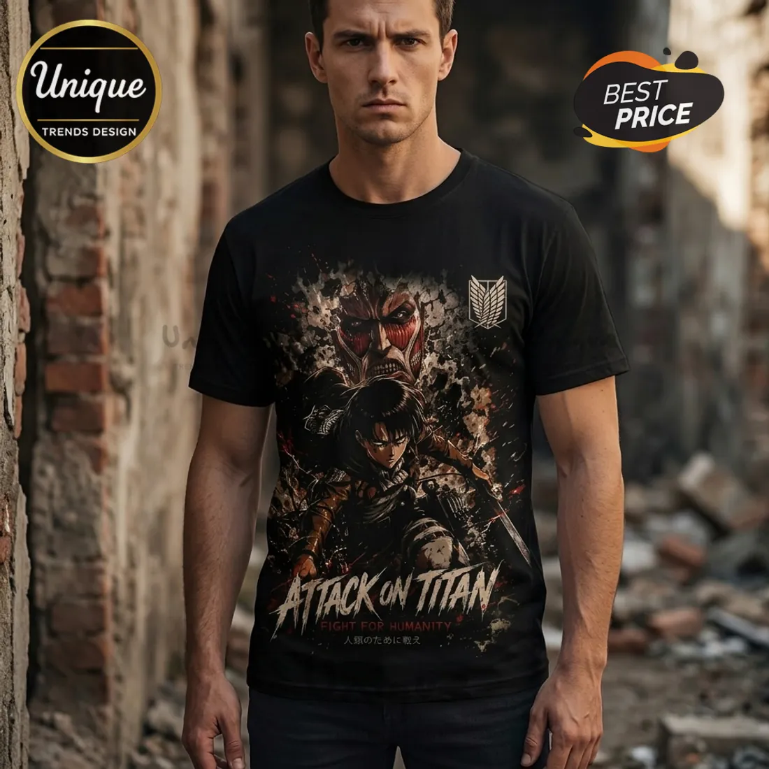 Attack on Titan Levi and Colossal Titan Anime Apparel T-shirt Attack on Titan Levi and Colossal Titan Anime Apparel T-shirt