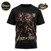 Black cotton t-shirt featuring Levi Ackerman and Colossal Titan graphic with Attack on Titan logo and Japanese text.!