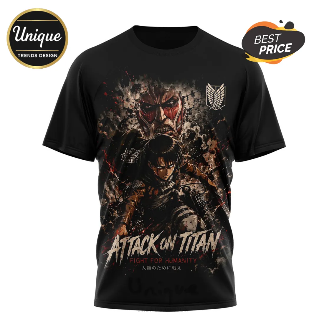 Attack on Titan Levi and Colossal Titan Anime Apparel T-shirt Attack on Titan Levi and Colossal Titan Anime Apparel T-shirt