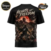 Black cotton t-shirt featuring Attack on Titan graphic, Colossal Titan, Levi Ackerman, and Japanese text Hearts of Freedom.!