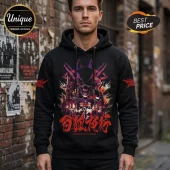 Man wearing black hoodie with heavy metal graphic print, fox motifs, red Japanese kanji, and World Tour 2026 text.!