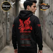 Black hooded sweatshirt with red Japanese kanji, Legend-Metalforth text, and 2025 world tour dates printed on the back.!