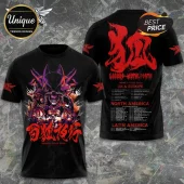 Babymetal 2026 world tour graphic t-shirt with red and black Japanese-inspired illustrations and venue list on back.!