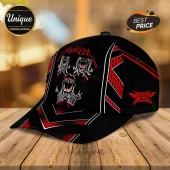 Black baseball cap featuring Babymetal logo and three stylized skull graphics in red and white on a wooden surface.!