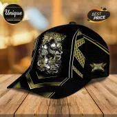 Black Babymetal baseball cap featuring gold geometric patterns and a graphic illustration of the band members.!