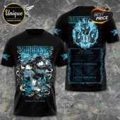 Black Babymetal 2026 World Tour t-shirt featuring band members with fox masks and blue flame graphics on front and back.!