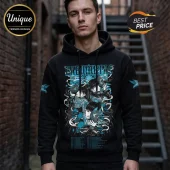 Black hooded sweatshirt with BABYMETAL band graphic in blue and white, featuring illustrated band members with masks.!