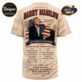 Barry Manilow t-shirt on beige fabric featuring US flag graphics, song titles, and his autograph.!