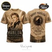 Barry Manilow unisex t-shirt with sepia-toned graphic of artist, concert stage, piano, and song titles on front and back.!