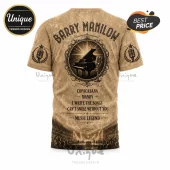 Barry Manilow tan graphic t-shirt featuring a grand piano, microphone, and song titles in a vintage ornate frame.!
