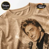 Sepia-toned t-shirt featuring a portrait of Al Pacino holding a microphone against a starburst patterned background.!