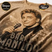 Barry Manilow portrait print on a sepia-toned t-shirt with musical notes, sparkles, and bold text naming the artist.!