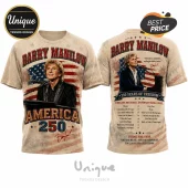 Barry Manilow America 250 patriotic t-shirt with US flag print, song list, and artist signature on vintage beige fabric.!