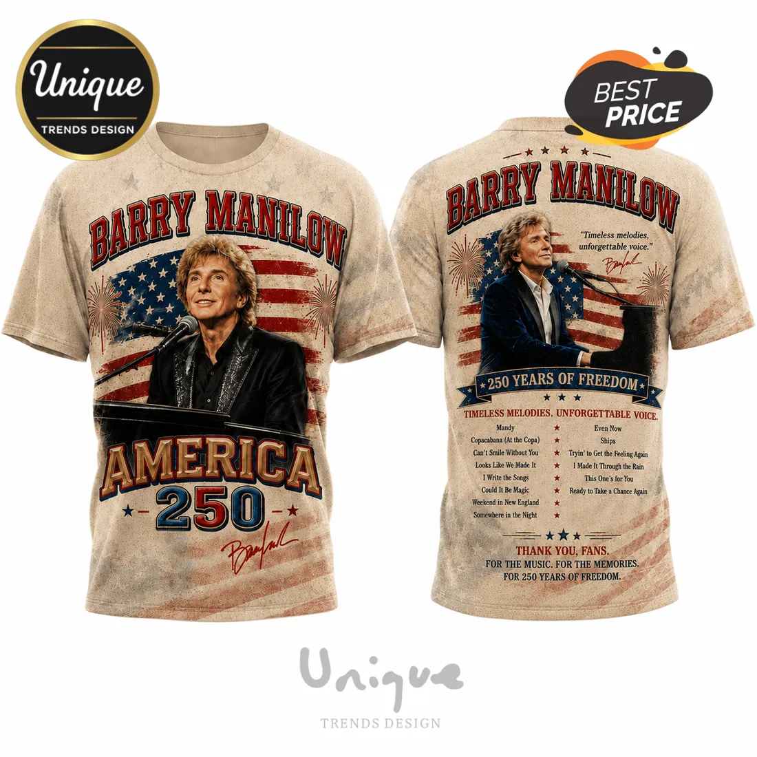 Barry Manilow USA Patriotic 250th Anniversary Cotton Blend T-Shirt Barry Manilow USA Patriotic 250th Anniversary Cotton Blend T-Shirt