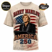 Barry Manilow t-shirt with American flag background, fireworks graphic, and America 250 text in beige, red, and blue.!